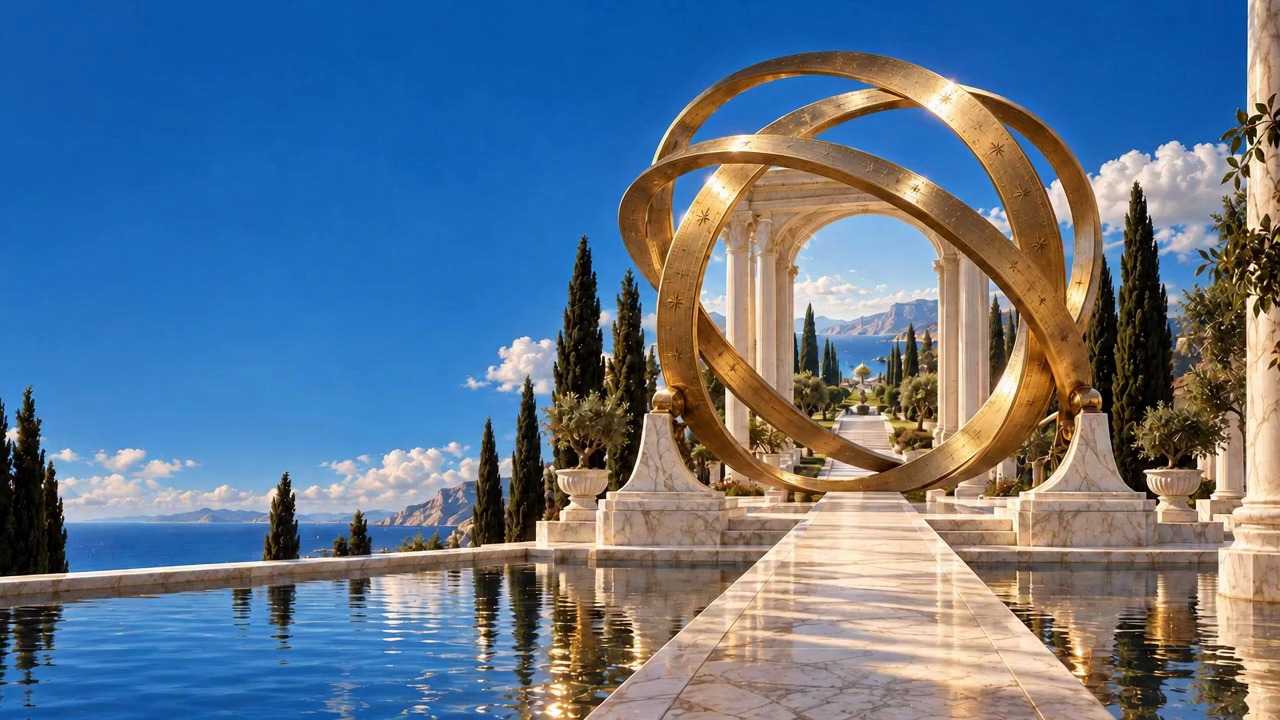 A monumental golden sphere above a marble walkway and reflecting pool